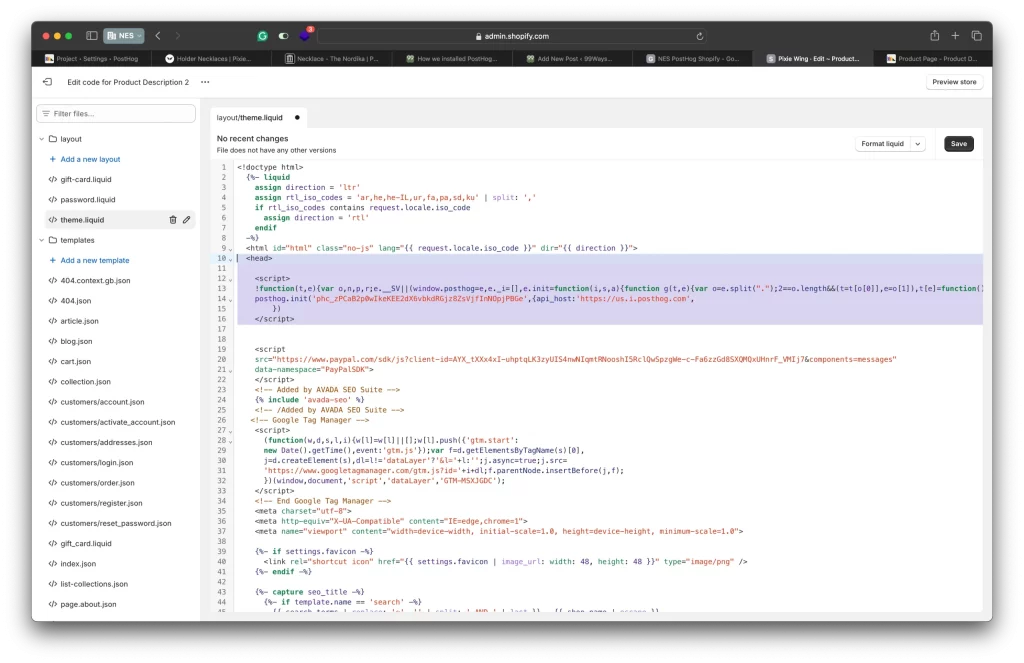 Shopify theme code editor showing the PostHog snippet inserted after the opening head tag in theme.liquid