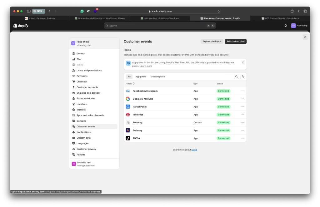 Shopify Customer events page showing the PostHog custom pixel marked Connected