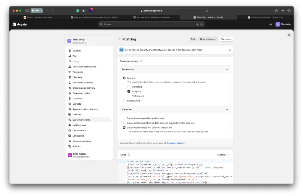 Shopify Customer events settings for the PostHog pixel with Analytics permission selected