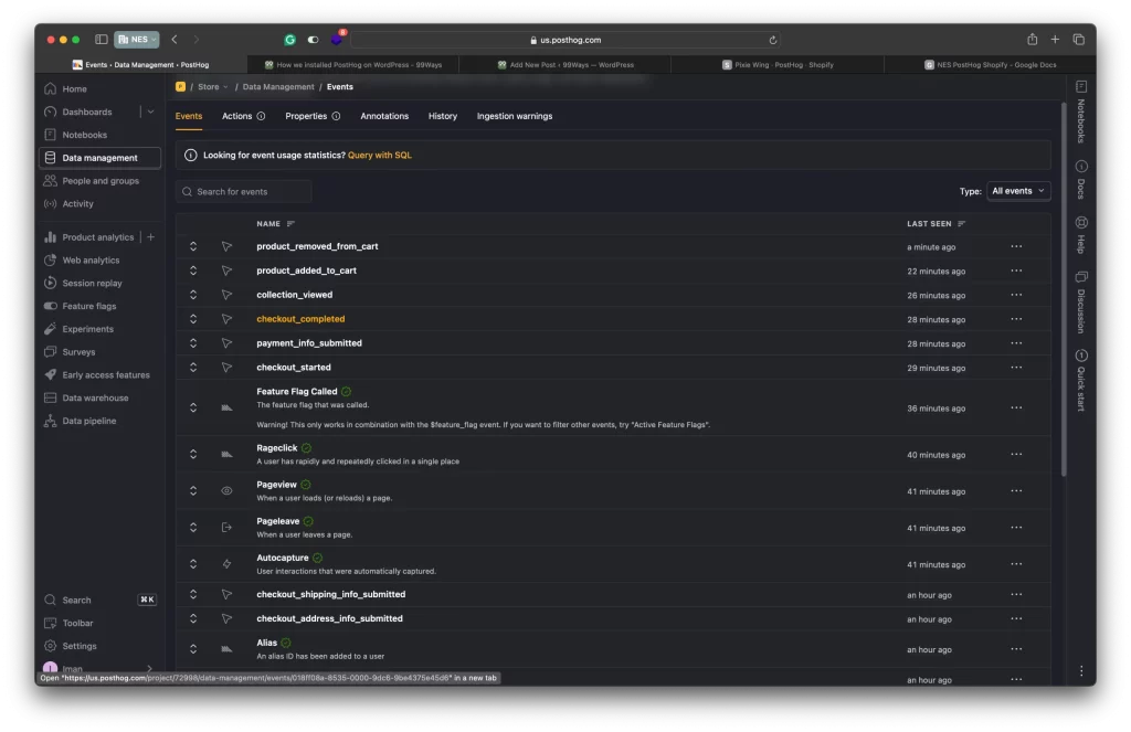 PostHog Events page showing Shopify events including checkout_completed and product_added_to_cart