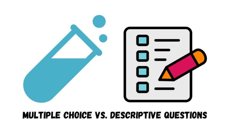 Multiple-choice questionnaire with a pencil beside a laboratory flask; text reads “Multiple Choice vs. Descriptive Questions.”