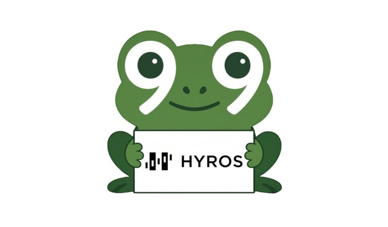 99Ways frog mascot holding a Hyros sign