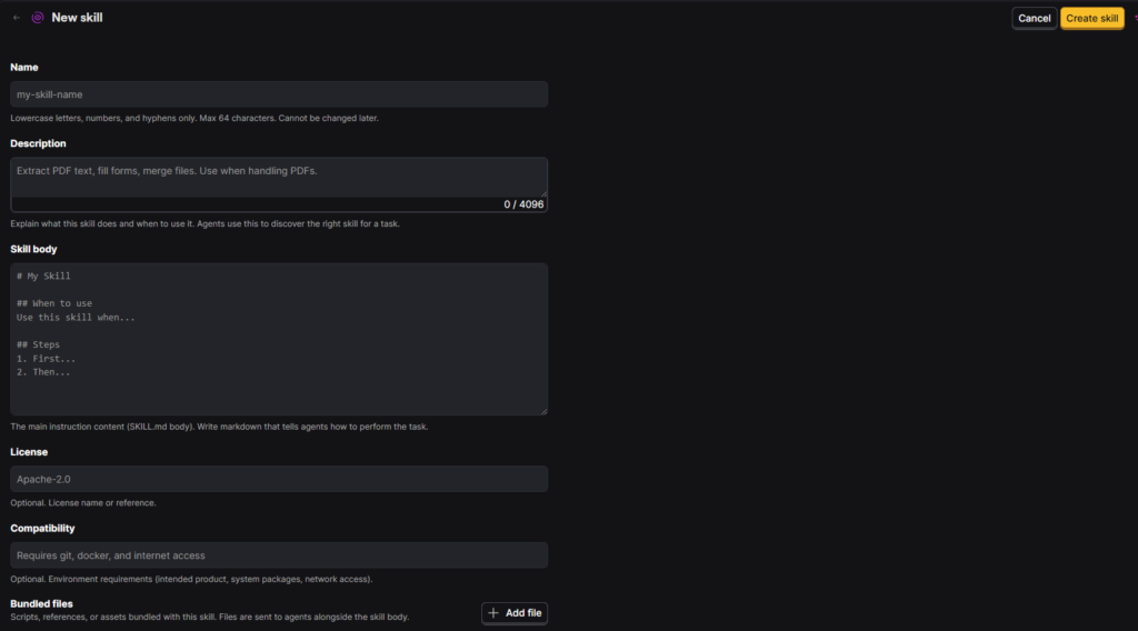 PostHog New skill form with fields for name, description, skill body, license, compatibility, and bundled files