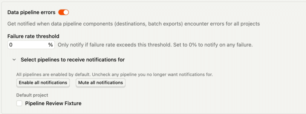 PostHog notification settings for data pipeline errors with a failure-rate threshold and per-pipeline selection controls
