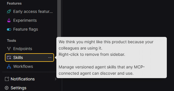 PostHog sidebar with Skills selected and a description of versioned agent skills for MCP-connected agents