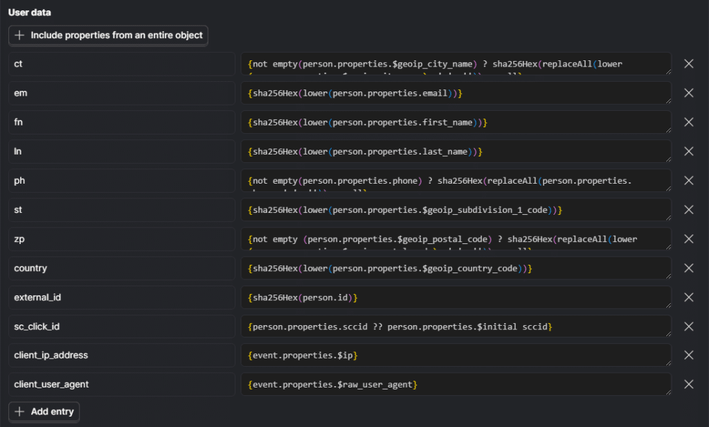 PostHog user data mapping fields for Snapchat Ads Conversions