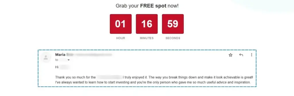 Landing page with a countdown timer and customer testimonial