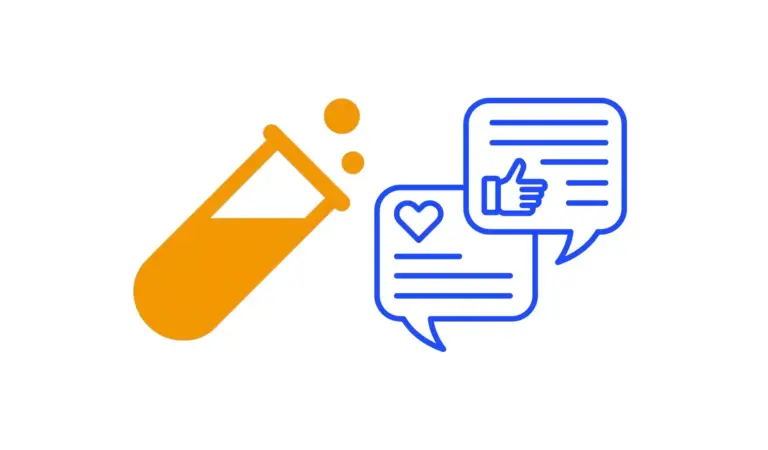 Orange marker beside blue testimonial cards with a heart and thumbs-up
