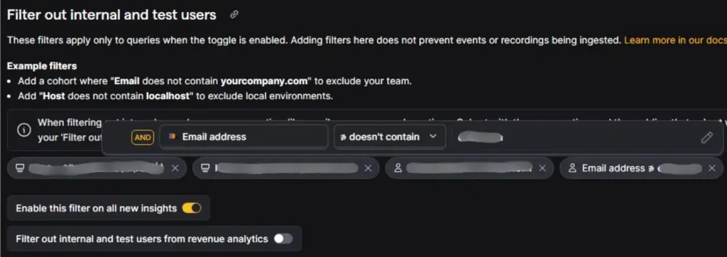 PostHog Email address filter using a "doesn't contain" rule.