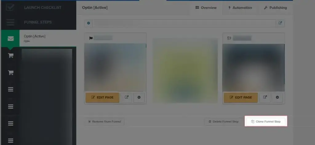 ClickFunnels funnel step menu with Clone Funnel Step button