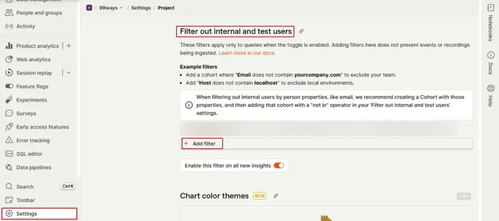 PostHog Settings page showing the "Filter out internal and test users" section and Add filter button.