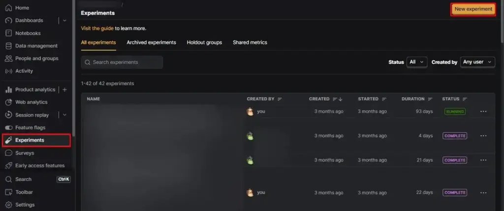 PostHog Experiments page with New experiment button