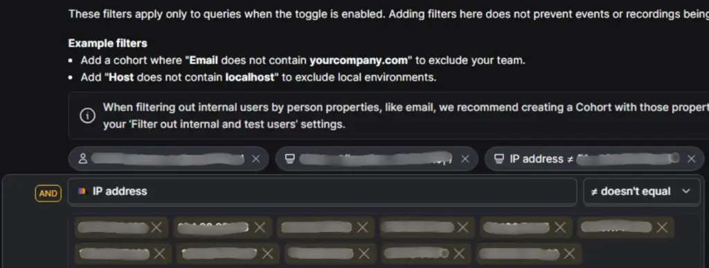 PostHog IP address filter listing multiple excluded IP values.