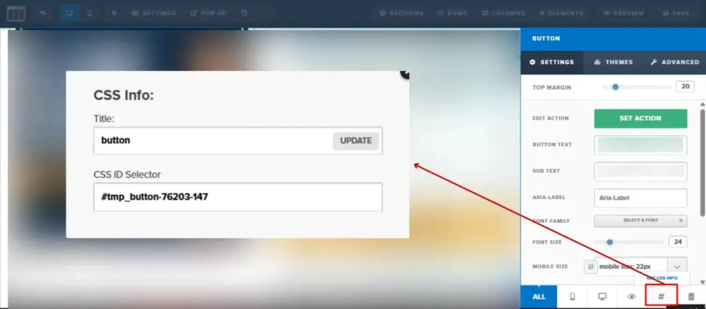 ClickFunnels button settings showing a CSS ID selector