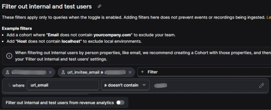 PostHog URL parameter filter applying a "doesn't contain" rule to url_email.