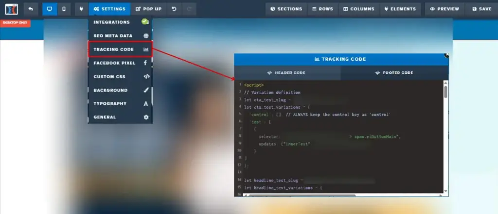 ClickFunnels Tracking Code settings with footer code editor