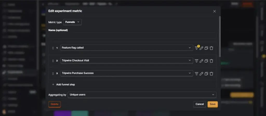 PostHog funnel metric setup with feature flag and checkout steps