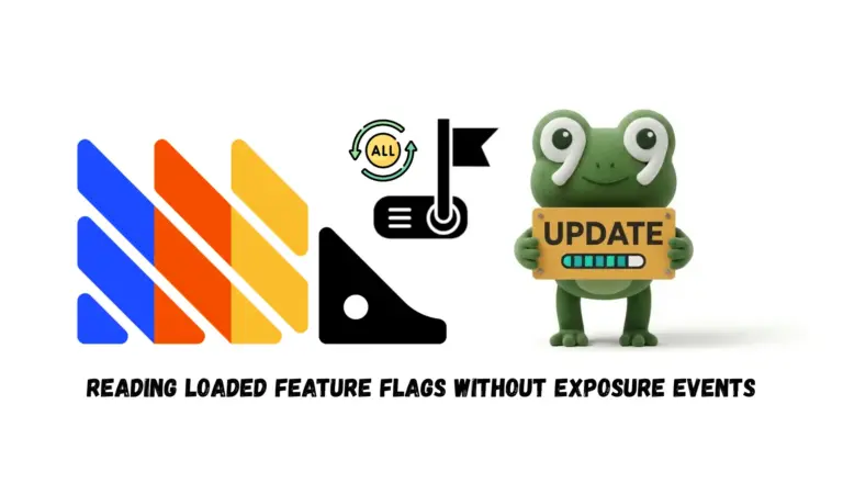 PostHog logo beside an ALL feature-flag toggle and a frog holding an UPDATE sign, illustrating flag reads without exposure events.