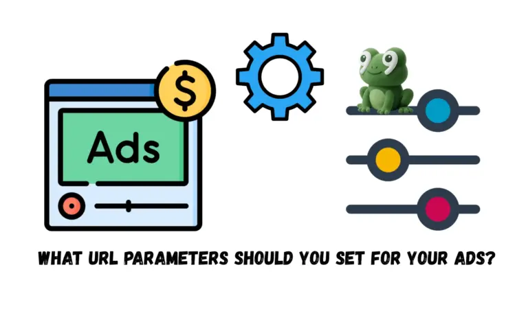 Illustration of ad URL parameter settings with an Ads panel, gear, and control sliders.