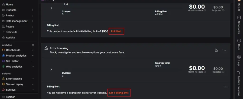 PostHog billing screen showing billing limits for Product Analytics and Error Tracking.