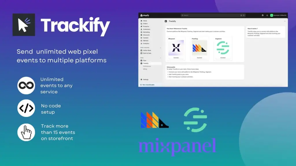 Trackify dashboard showing connections to Mixpanel, PostHog, and Segment for sending Shopify web pixel events to multiple platforms.