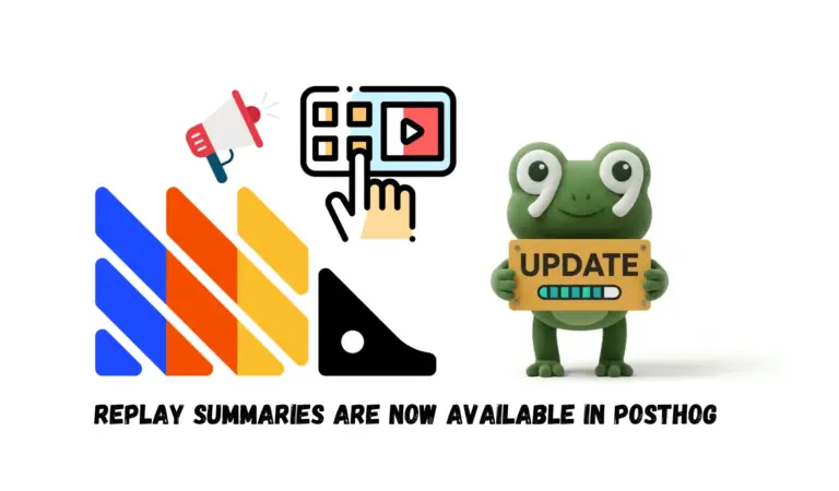 Illustration announcing replay summaries in PostHog, with a frog holding an UPDATE sign beside media controls.