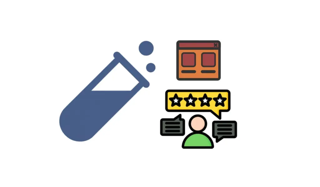 Illustration of a price tag, webpage, star rating, and customer-review icons.