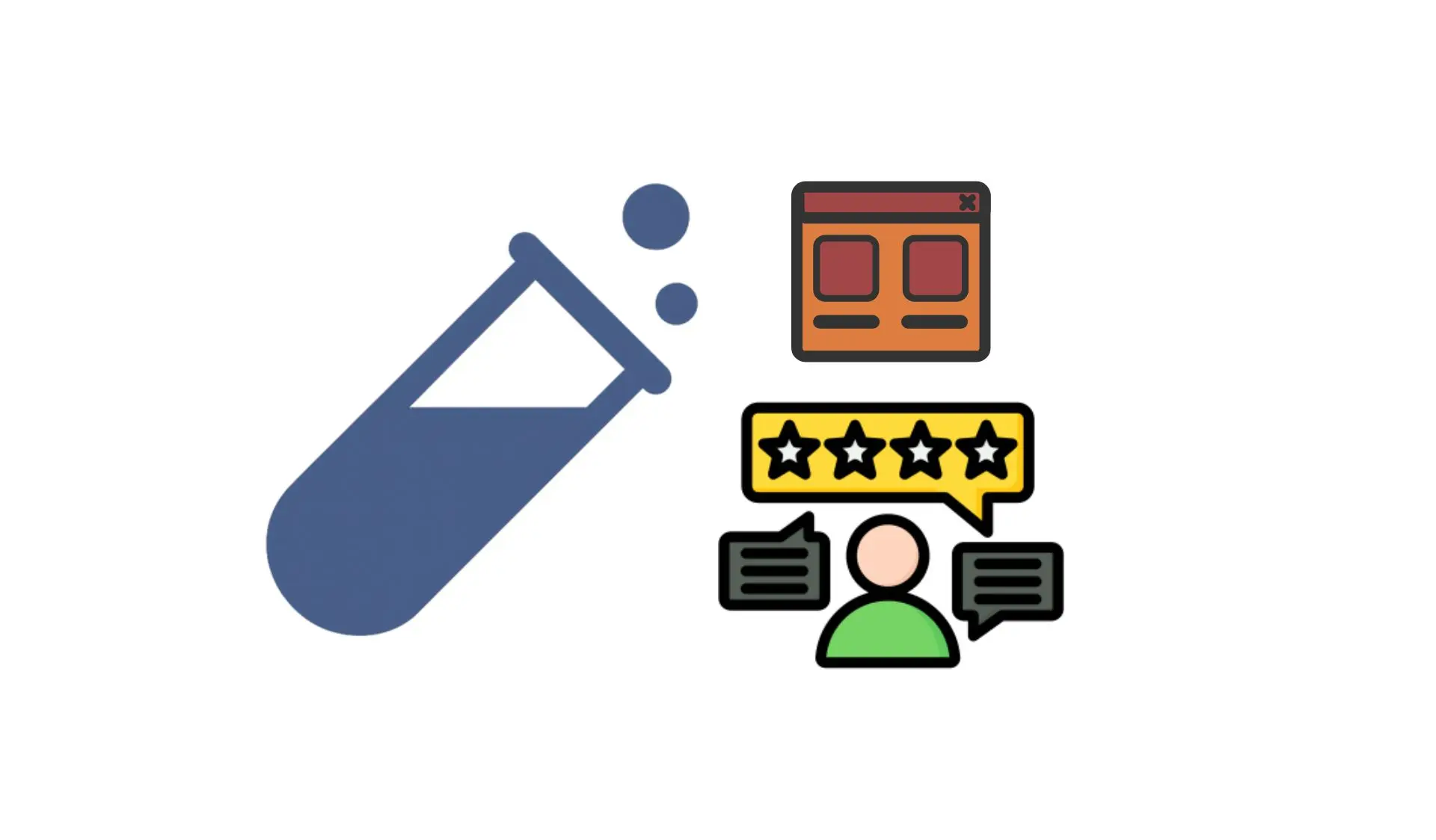 Illustration of a price tag, webpage, star rating, and customer-review icons.