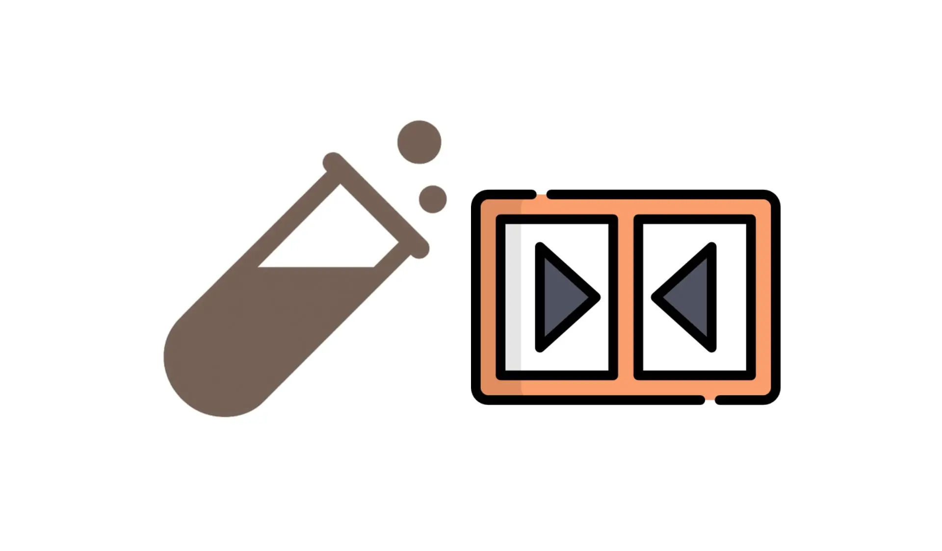 Abstract brown symbol beside orange media-control buttons on a white background.