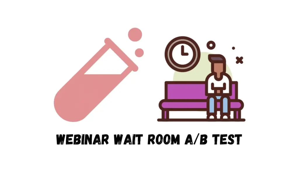 Webinar waiting room A/B test illustration with hourglass and seated person