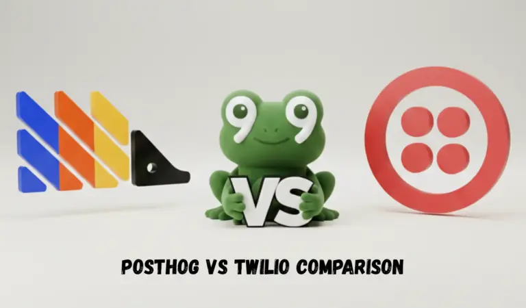 PostHog and Twilio logos separated by a green frog holding a “VS” sign, with “POSTHOG VS TWILIO COMPARISON” below.