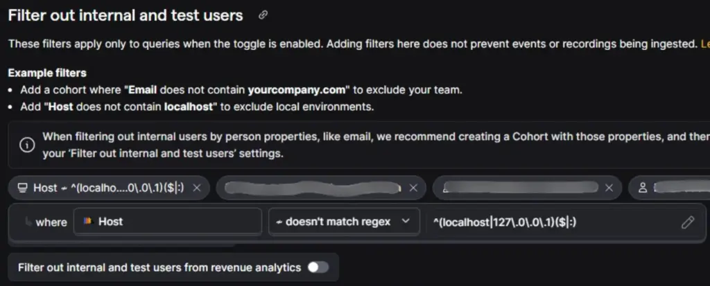 PostHog Host filter using a regular expression to exclude localhost and local development addresses.