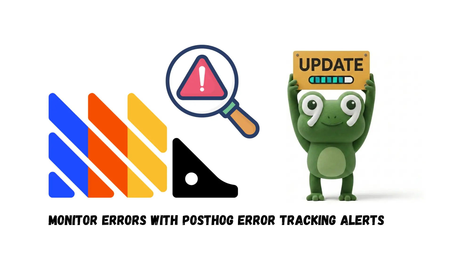 PostHog Error Tracking alerts illustration with a warning symbol, magnifying glass, and UPDATE sign