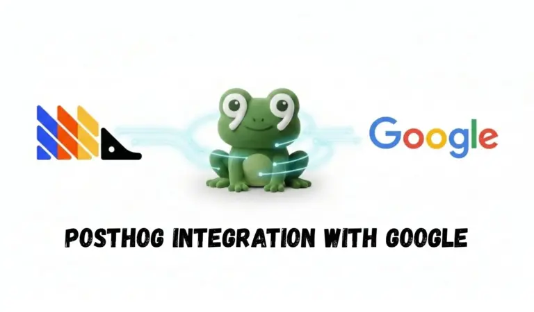 Illustrated banner reading “PostHog integration with Google” with PostHog and Google logos and a green frog.