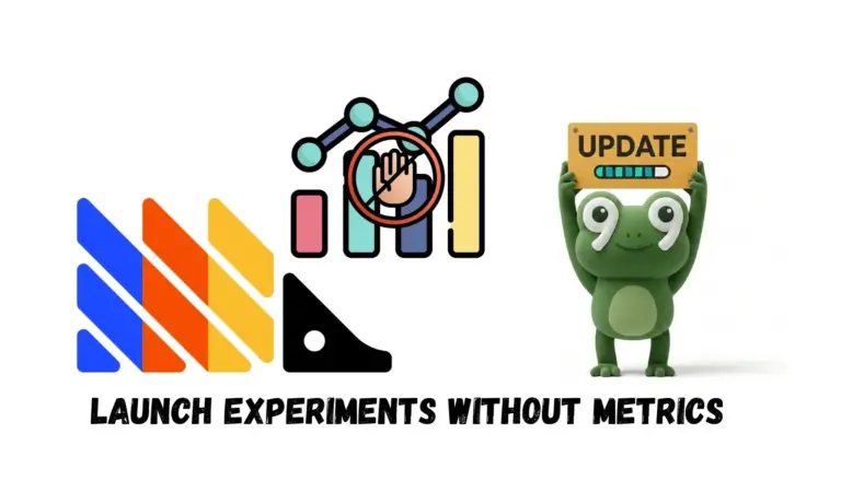 Illustration about launching PostHog experiments without metrics, with a crossed-out hand symbol, an UPDATE sign, and the words “LAUNCH EXPERIMENTS WITHOUT METRICS.”