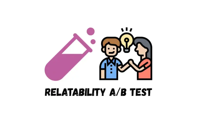 Relatability A/B Test illustration of two people beside a laboratory flask and lightbulb.
