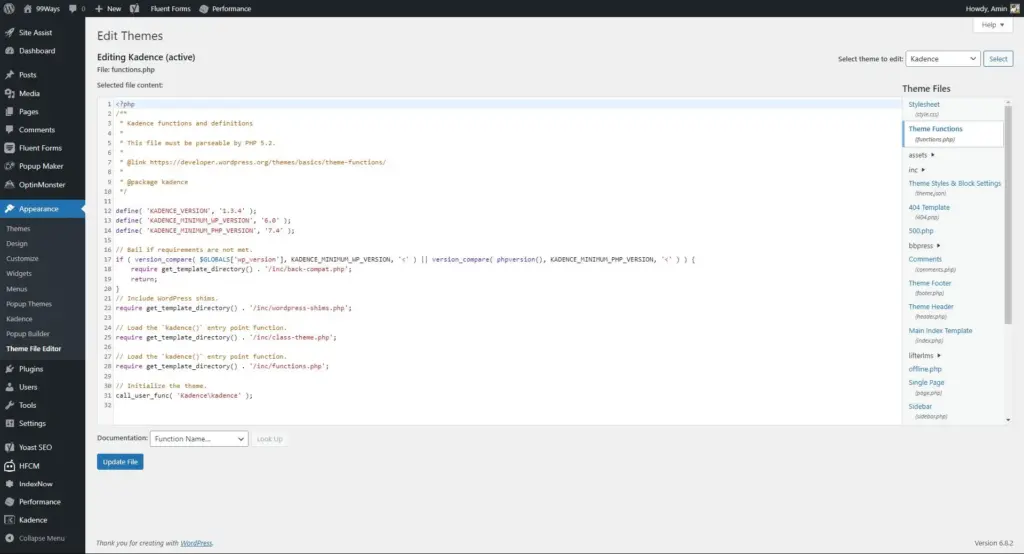 WordPress theme editor showing the Kadence functions.php file