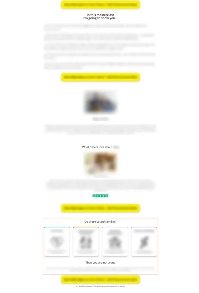 Screenshot of Test Group 2 landing-page variant showing the “Do these sound familiar?” section near the final call to action.