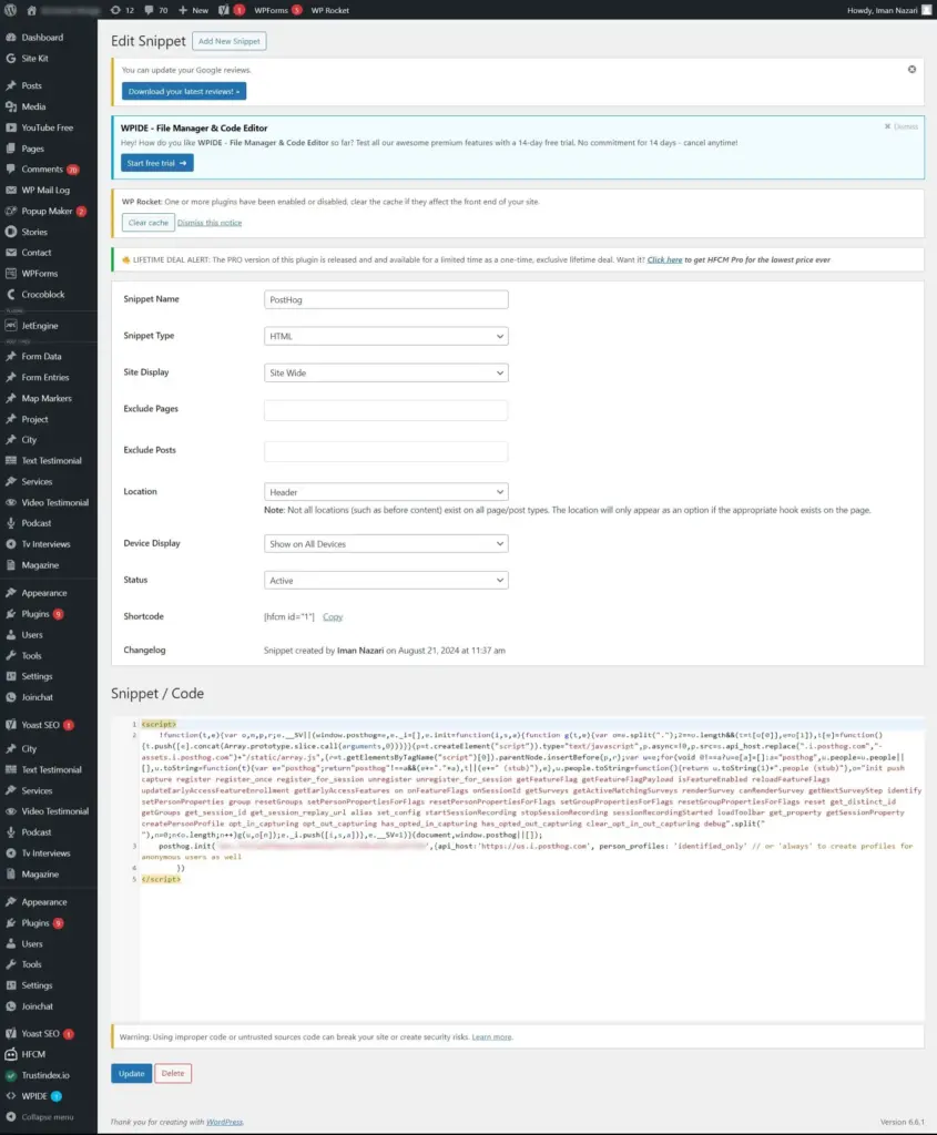 HFCM snippet editor configured for site-wide header placement