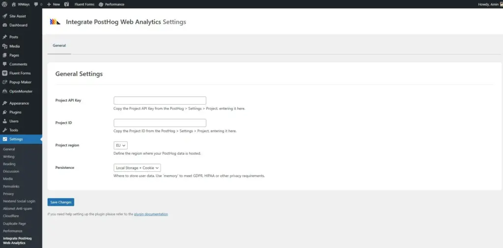PostHog Web Analytics plugin settings for API key, project ID, and region