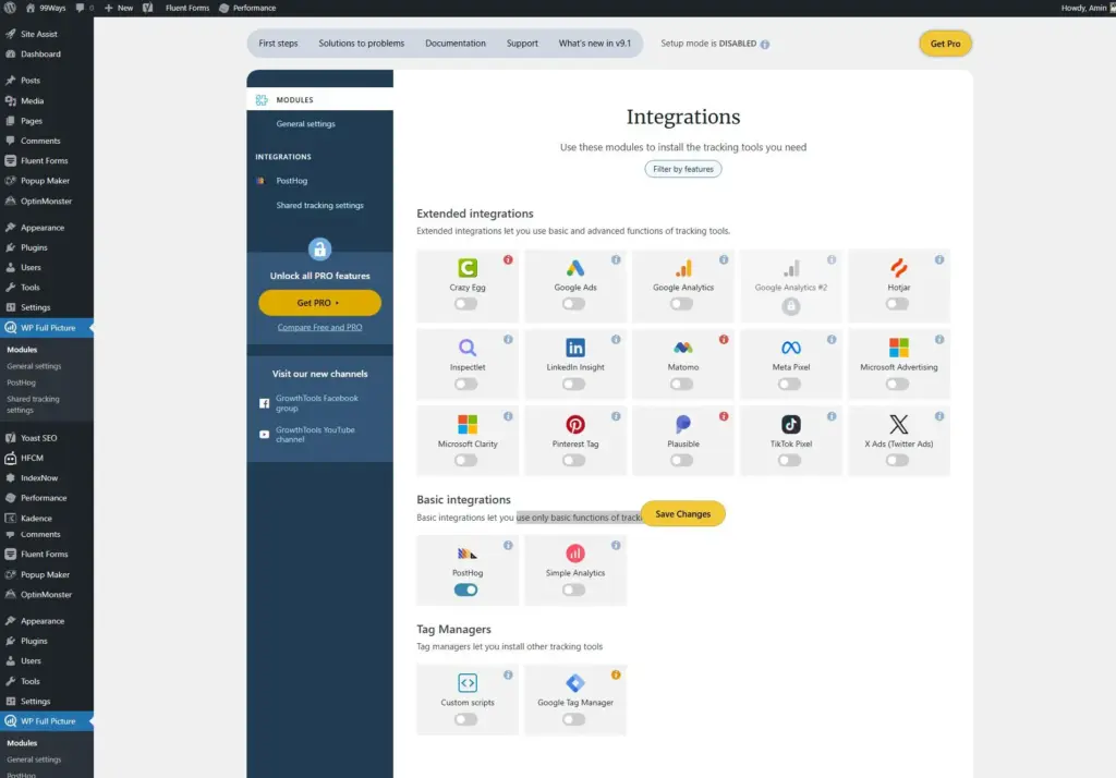 WP Full Picture modules screen with PostHog enabled