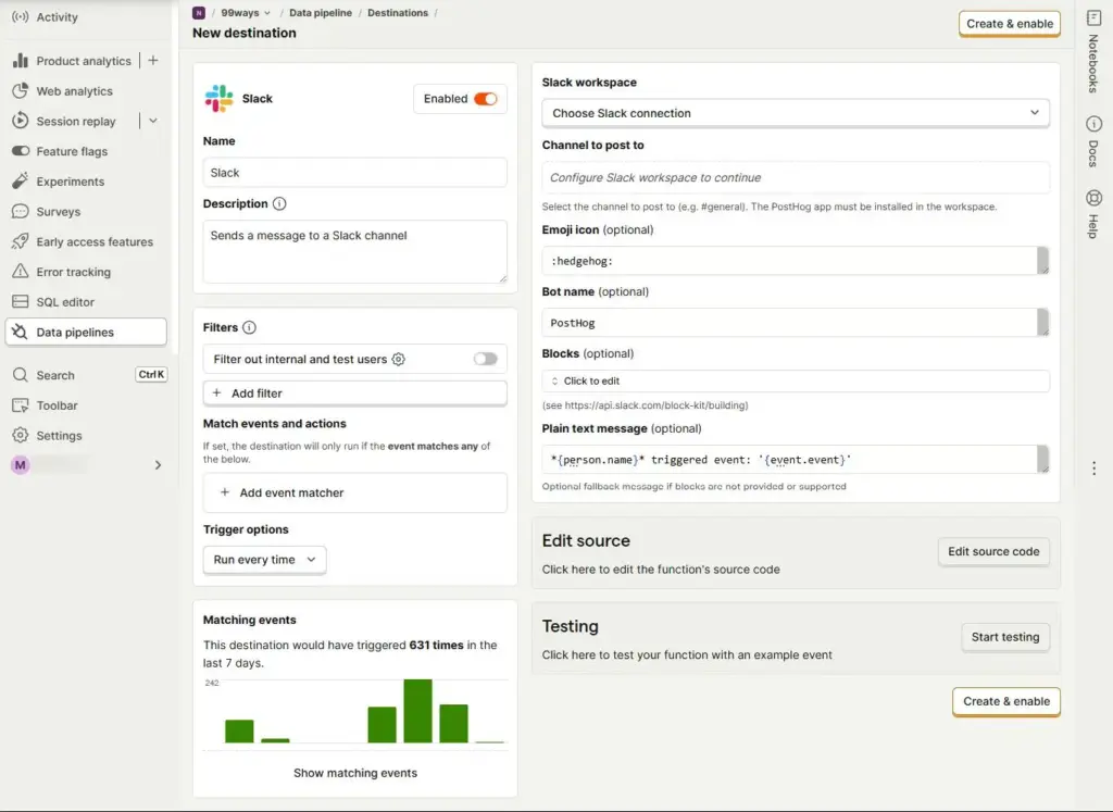 PostHog Slack destination configuration form with workspace, channel, filters, and event matcher settings