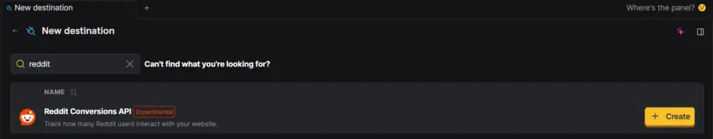 PostHog Destinations screen showing the Reddit Conversions API result and Create button
