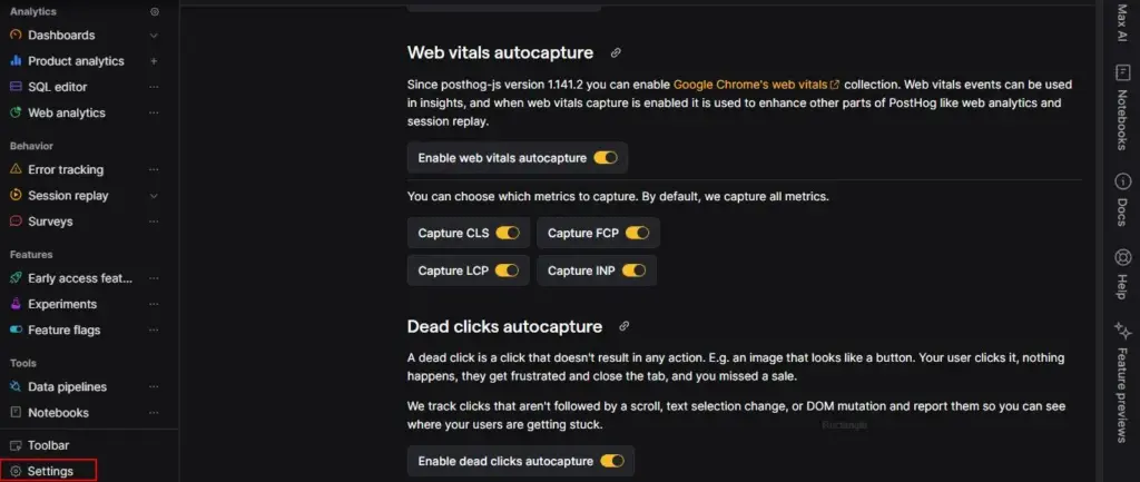 PostHog project settings showing Web Vitals and Dead Clicks autocapture enabled.