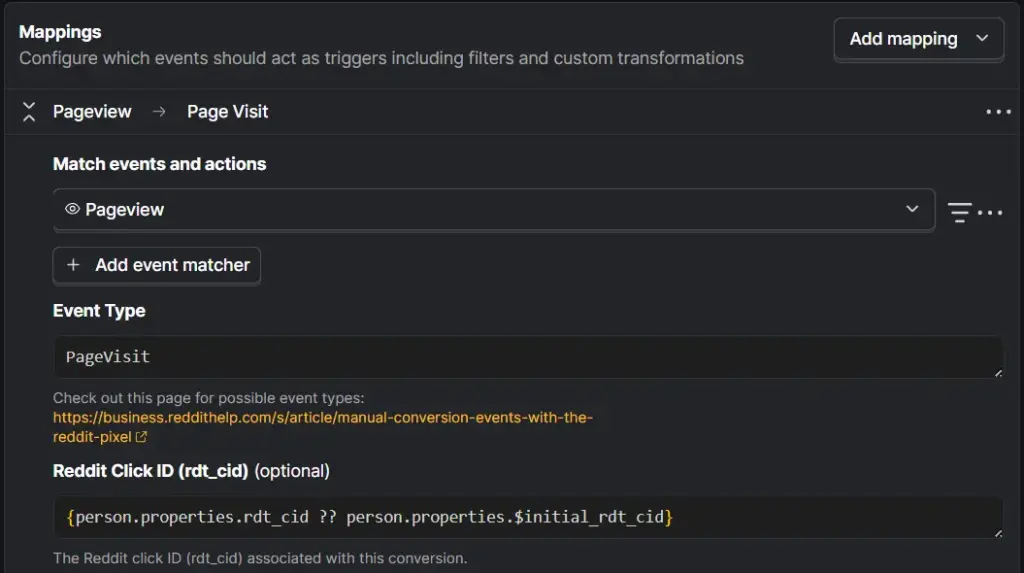 PostHog mapping screen with a Pageview event mapped to the Page Visit Reddit event type