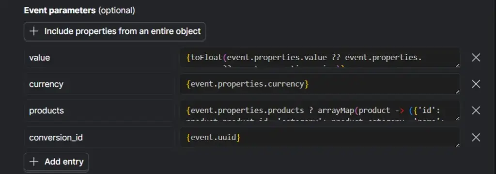 PostHog event parameter mappings for value, currency, products, and conversion ID