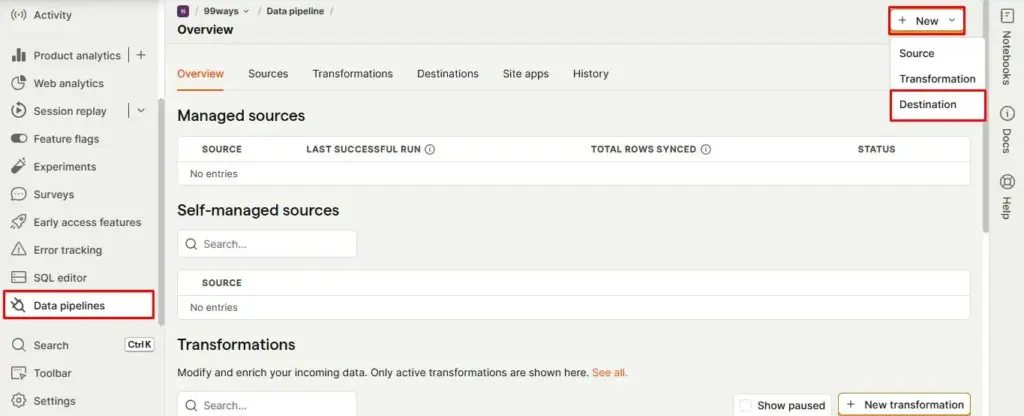 PostHog Data pipeline overview with the New menu open to Destination