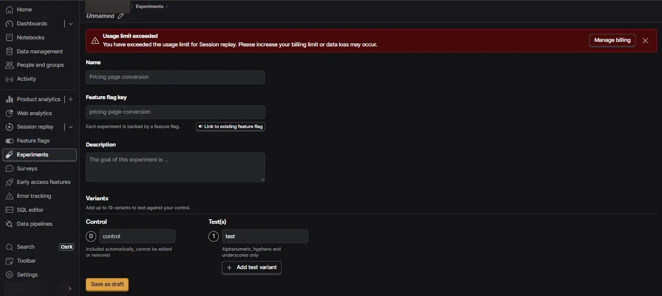 PostHog experiment setup showing the name, feature flag key, description, and control and test variants
