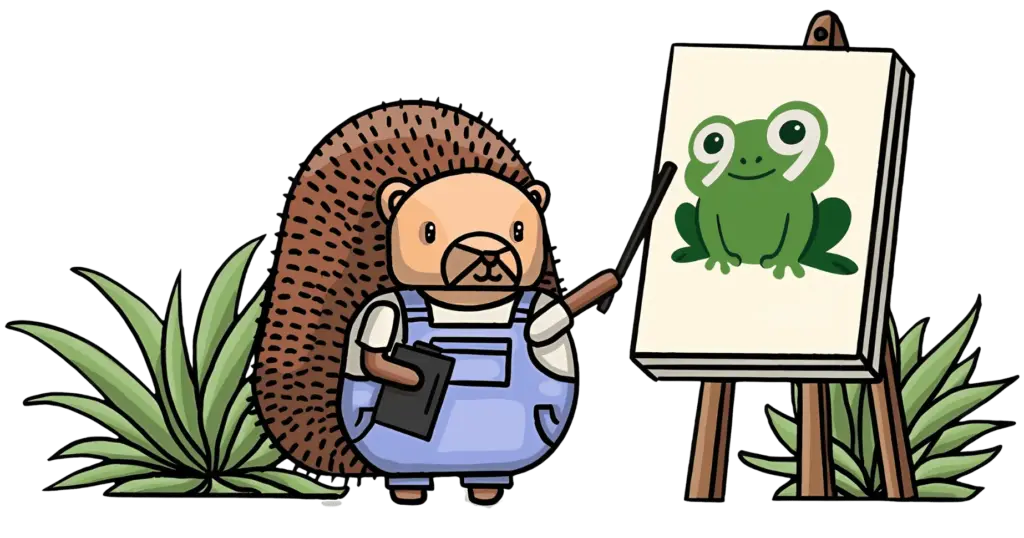 Cartoon hedgehog pointing to a green frog illustration on an easel
