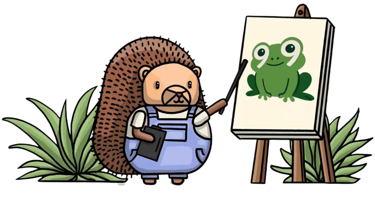Cartoon hedgehog pointing to a green frog illustration on an easel